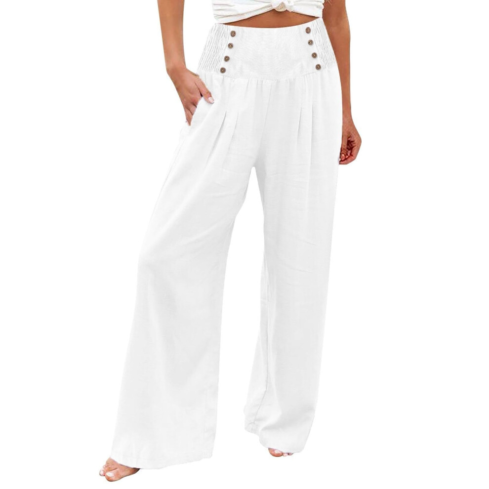 Women's linen wide-leg trousers, summer bohemian-White XXXL