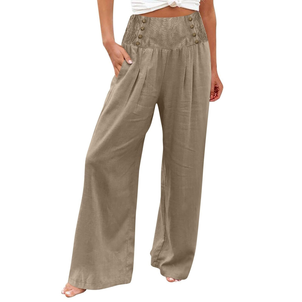 Women's linen wide-leg trousers, summer bohemian style,-Khaki M