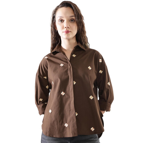 Camisa de Algodão de Mulheres Com Bordado e Gola Larga