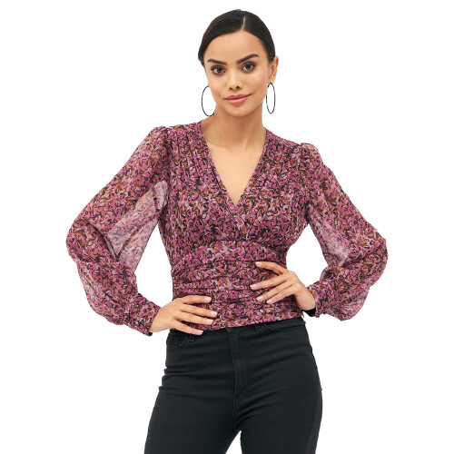 Top Floral Rosa com Decote em V e Mangas Longas