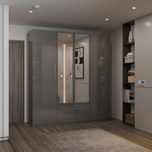 (Grey, 160cm) 4 Door High Gloss Wardrobe 2