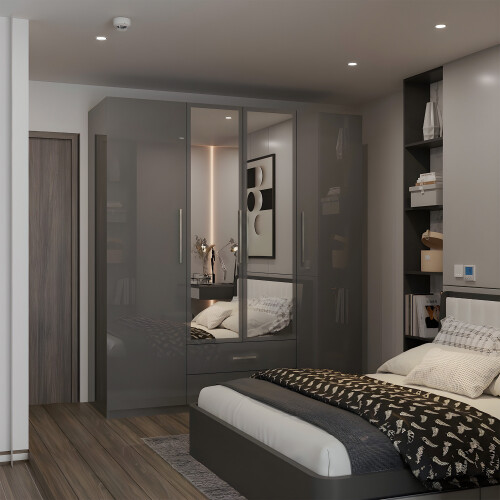 (Grey, 160cm) 4 Door High Gloss Wardrobe