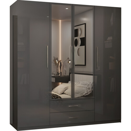 (Grey, 160cm) 4 Door High Gloss Wardrobe 1