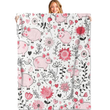 Cute Pig Flannel Throw Blanket 50x60 Soft Lightweight Pink Cartoon Pig Blanket for Kids Women Couch Travel