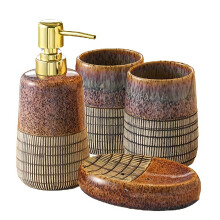Bathroom Accessories Set 4 Piece Brown Ceramic Bathroom Decor with Soap Dispenser Toothbrush Holder
