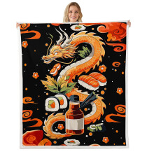 Sherpa Throw Blanket 40x50 for Kids, Japanese Sushi Dragon Fleece, Soft Plush Black‑Orange Design