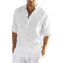 Finivo Fashion Mænds Langærmet Kort Kurta Skjorte med Mandarin Krave i Premium Bomuldsblanding Hvid