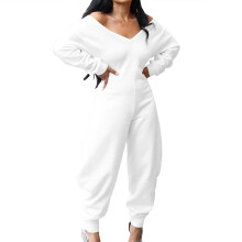 Lässiger Damen-Overall, sexy V-Ausschnitt,-Weiß XXL