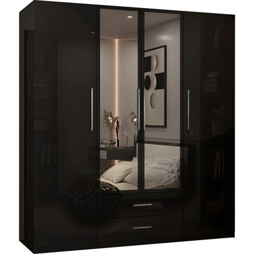 (Black, 160cm) 4 Door High Gloss Wardrobe 1