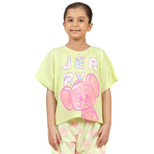 Kidsville Tom & Jerry Girls Half Sleeve Green Graphic Cotton T-Shirts
