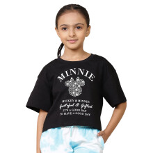 Kidsville Mickey & Friends Girls Black Graphic Printed Oversized Crop T-Shirt