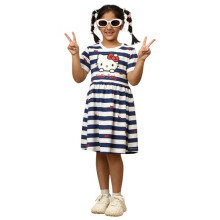 Vestido Casual Branco e Azul para Meninas com Gráfico Oficial da Hello Kitty