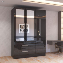 (Black, 120cm) MN FURNITURE High Gloss Hinged Wardrobe with Mirror & Drawers