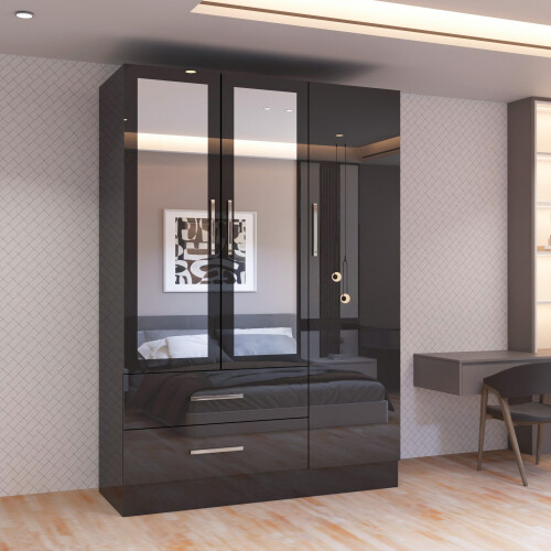 MN Furniture Gloss Hinged Mirrored Wardrobes Drawers Black 120cm