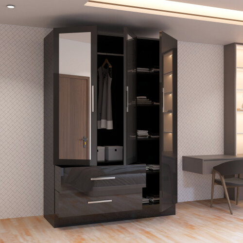 MN Furniture Gloss Hinged Mirrored Wardrobes Drawers Black 120cm 2