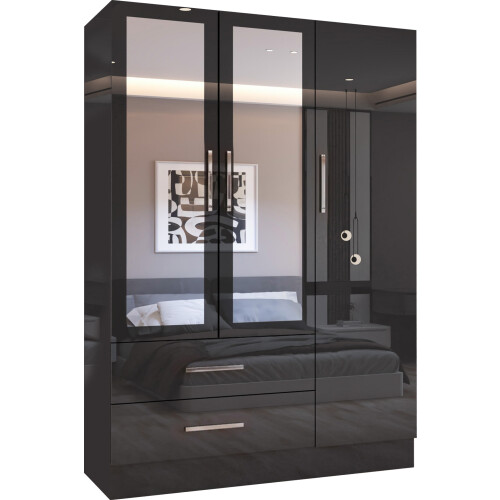 MN Furniture Gloss Hinged Mirrored Wardrobes Drawers Black 120cm 1