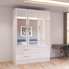 (White, 120cm) MN FURNITURE High Gloss Hinged Wardrobe with Mirror & Drawers