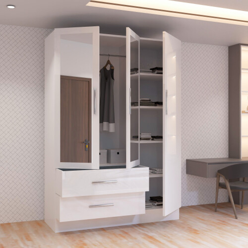 MN Furniture Gloss Hinged Wardrobe Mirror & Drawers White 120cm 2
