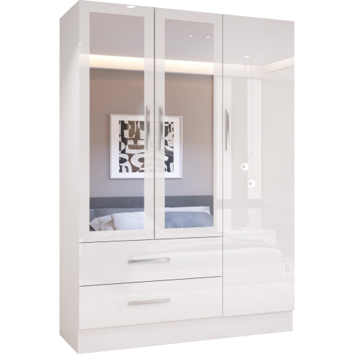 MN Furniture Gloss Hinged Wardrobe Mirror & Drawers White 120cm 1