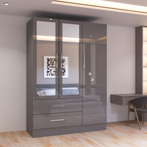 MN Furniture Gloss Hinged Wardrobe Mirror & Drawers Grey 120cm