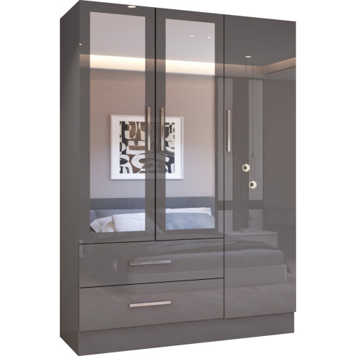 MN Furniture Gloss Hinged Wardrobe Mirror & Drawers Grey 120cm 1
