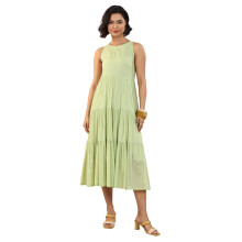 Libas Damen Einfarbiges Baumwoll-Kleid im Fit and Flare-Stil Grün