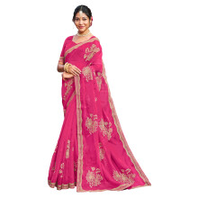 Laxmipati Sarees Zari Broderad Oraganza Silkes Saree I Rosa Färg Med Osytt Blus - Trendig Stil