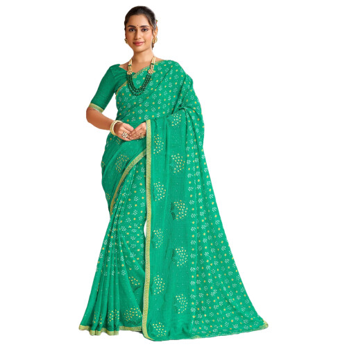 Laxmipati Sarees Γυναικείο Σαρί Σατέν με Λουλούδια σε Πράσινο Χρώμα και Άκοπο Μπλούζα