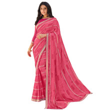 Laxmipati Sarees Kvinna Randig Tryckt Chiffon Saree I Persikofärg Med Ofodrad Blus - Perfekt För Festliga Tillfällen