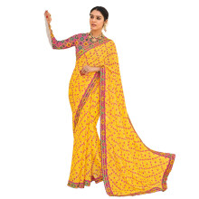 Laxmipati Sarees Bandhani Tryck Chiffon Saree i Senapsgul med Oskuren Blus - Perfekt för Festliga Tillfällen