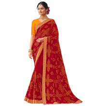 Laxmipati Sarees Kvinna Resham Broderi Och Sten Arbetar Chiffon Saree Röd Med Osydd Blus - Trendig Stil