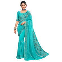 Laxmipati Sarees Kvinna Sequin & Stenar Georgette Saree Blå med Oskuren Blus - Trendig Stil och Tidslös Elegans