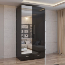 (Black, 90cm) MN FURNITURE High Gloss Hinged Wardrobe with Mirror & Drawers