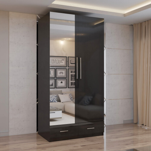 MN Furniture Gloss Hinged Wardrobe Mirror & Drawers Black 90cm