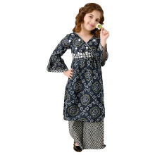 Lilpicks Conjunto Kurta Palazzo para Meninas com Mangas Frufru (Azul Marinho) (Tamanho 7-8 anos)
