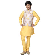 Set Kurta Pyjama per Bambini Lilpicks con Giacca Nehru Stampata (Giallo Beige) (Taglia: 9-10Y)