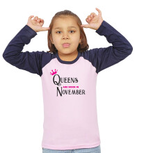 Limit Fashion Store - T-shirt voor meisjes 'Queens Born In November' (13-14 jaar, Baby Roze - Marine Blauw)