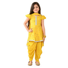 Lilpicks Kurta Étnico Impresso Com Calça Dhoti & Conjunto de Dupatta Para Meninas (Amarelo) (4-5 Anos)