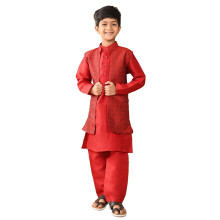 Conjunto de Kurta Pajama Lilpicks com Jaqueta Embossada para Rapazes (Vermelho) (5-6 Anos)