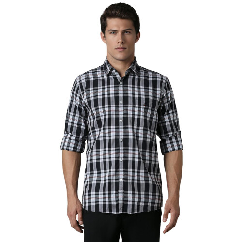 Louis Philippe Ανδρικό Μαύρο Slim Fit Καρό Πουκάμισο Μερικές Μανίκες