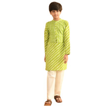 Set Kurta Pajama Lilpicks Leheriya Stampato Con Giacca Per Bambini (Verde Bianco) (7-8Y)