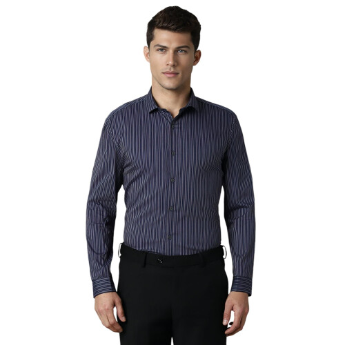 Louis Philippe Ανδρικό Ναυτικό Super Slim Fit Ριγέ Πουκάμισο Μάκρυ Μανίκι