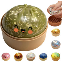 (green) 4in-Jumbo Glitter Rainbow Dumpling Stress Relief Sensory Toy with Steamer Box,Slow-Rising Decompression Dumplings for Adults&Kids