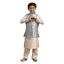 Manyavar Jongens Blauw Brocade Kurta Jacket Pyjama Set (10-12 Jaar)