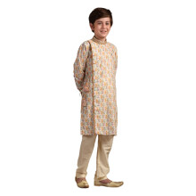 Conjunto Manyavar Menino Beje de Algodão Misturado Kurta Pyjama (3-4 Anos)