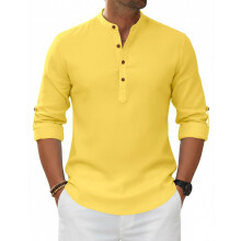 Macsivo Camisa Kurta Amarela de Algodão e Poliéster para Homens