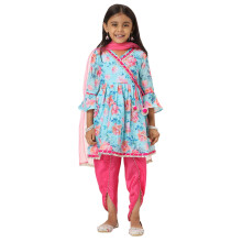 Nautinati Meninas Kurta Angrakha de Manga Sino Azul-Rosa com Calças Dhoti e Dupatta
