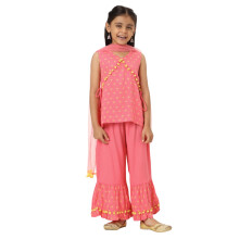 Nauti Nati Meninas Kurti Sem Mangas V-Neck Amarelo-Rosa com Sharara e Dupatta