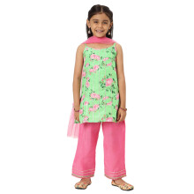 Kurti e Palazzo Verde-Rosa com Estampa Floral e Dupatta