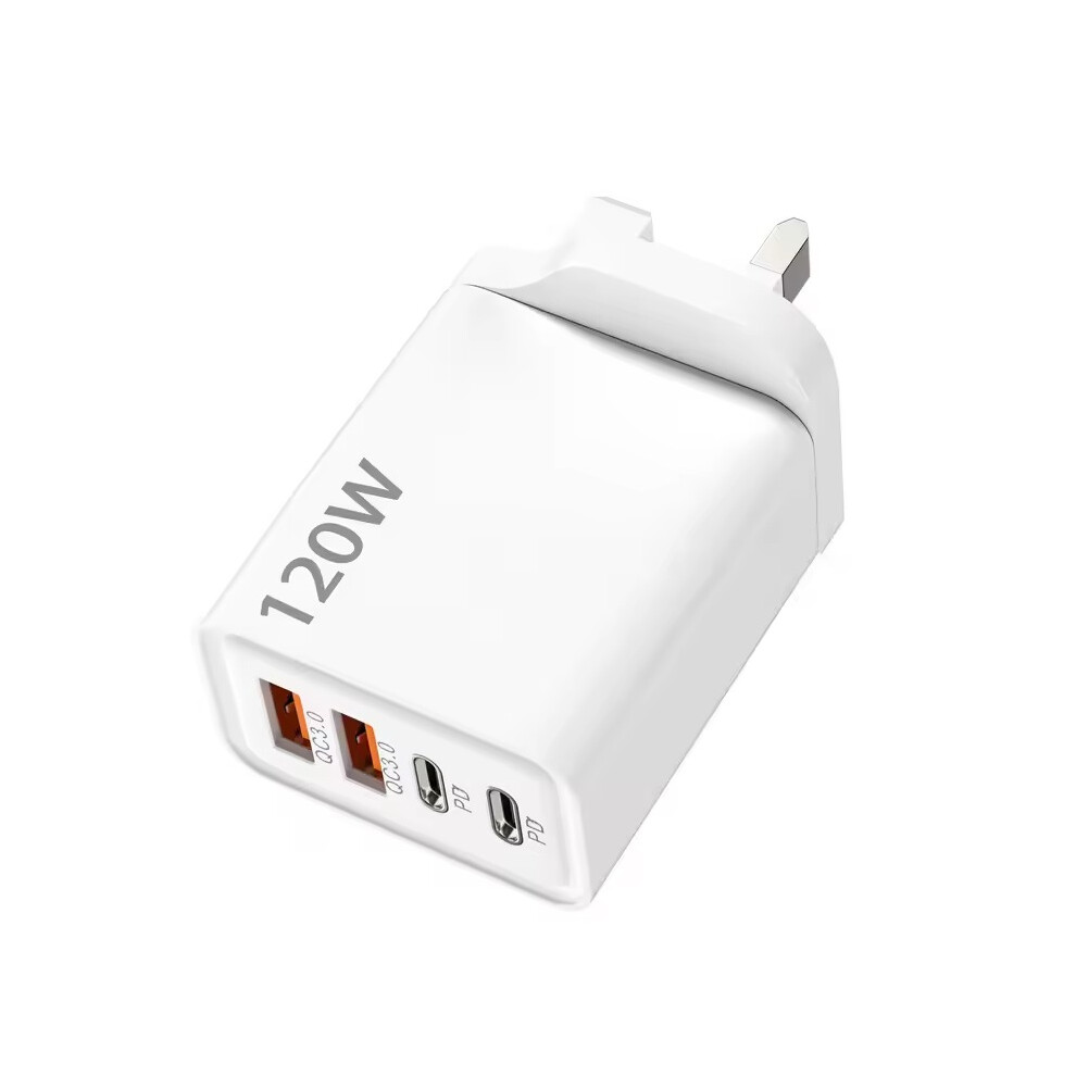 120W Fast Charging Usb C Charger 4 Port (Uk Plug) Dual Pd Usb Wall Adapter For Iphone Samsung Xiaomi White